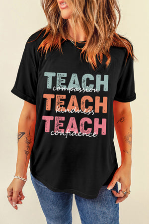 Glownestbest ® | Letter Graphic Round Neck Short Sleeve T-Shirt Black 6d34f50f-6367-42a2-9fa4-16e3695e173f-Max Glownestbest