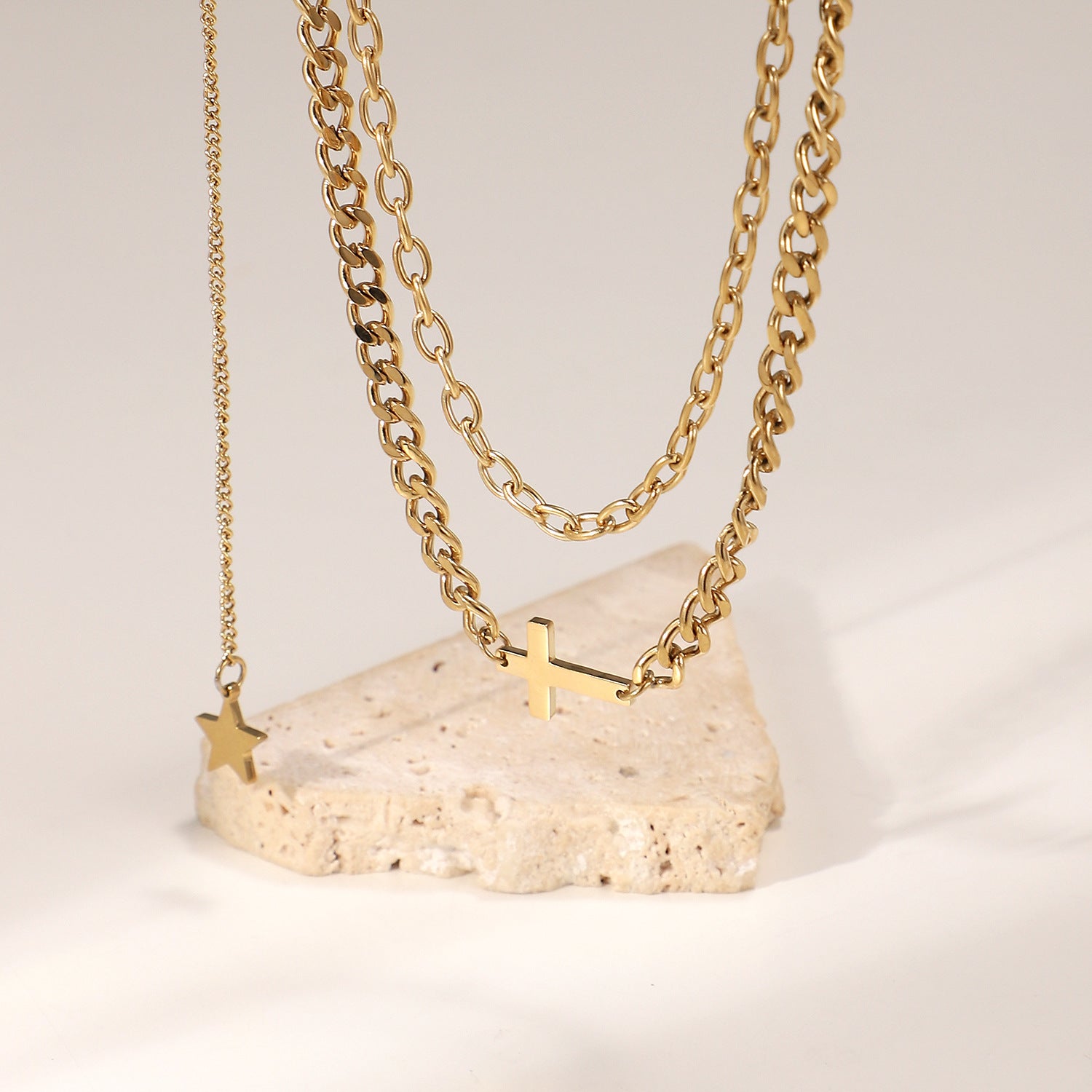 18K Gold Cross and Star Pendant Double Layer Necklace 6d397ac6-323f-44ae-9d89-9b7de1a0162f Artshiney