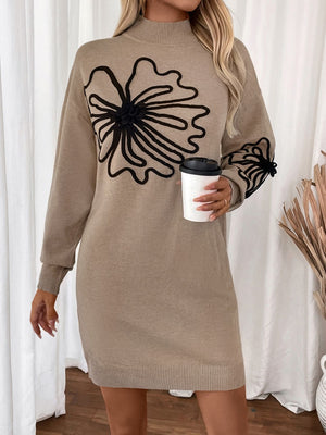 Perfee Flower Mock Neck Long Sleeve Sweater Dress 6d3ed951-a950-4761-8b4a-2b837931fa00-Max Glownestbest