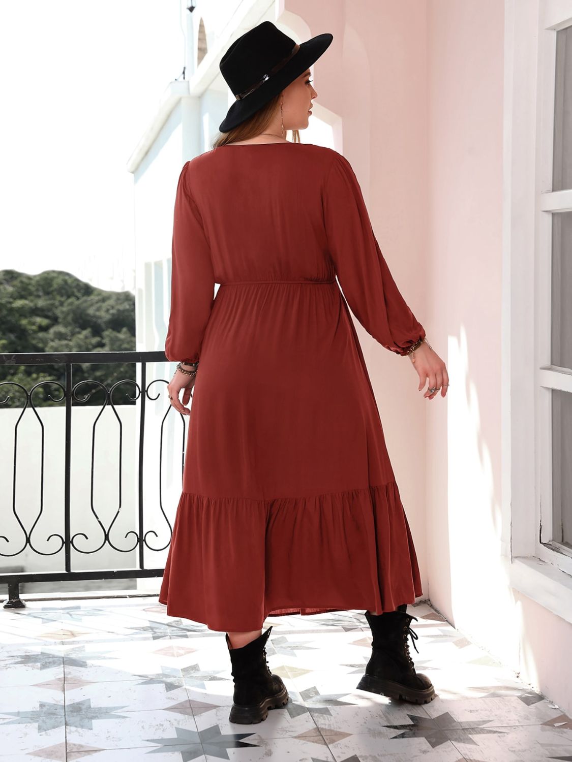 Plus Size Quarter Button V-Neck Long Sleeve Dress 6d550750-28e0-4dc6-acde-a4124fdbccf4-Max Glownestbest