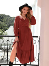 Plus Size Quarter Button V-Neck Long Sleeve Dress Rust 6d65329f-f320-436a-a09a-82bfaefb49ad-Max Glownestbest