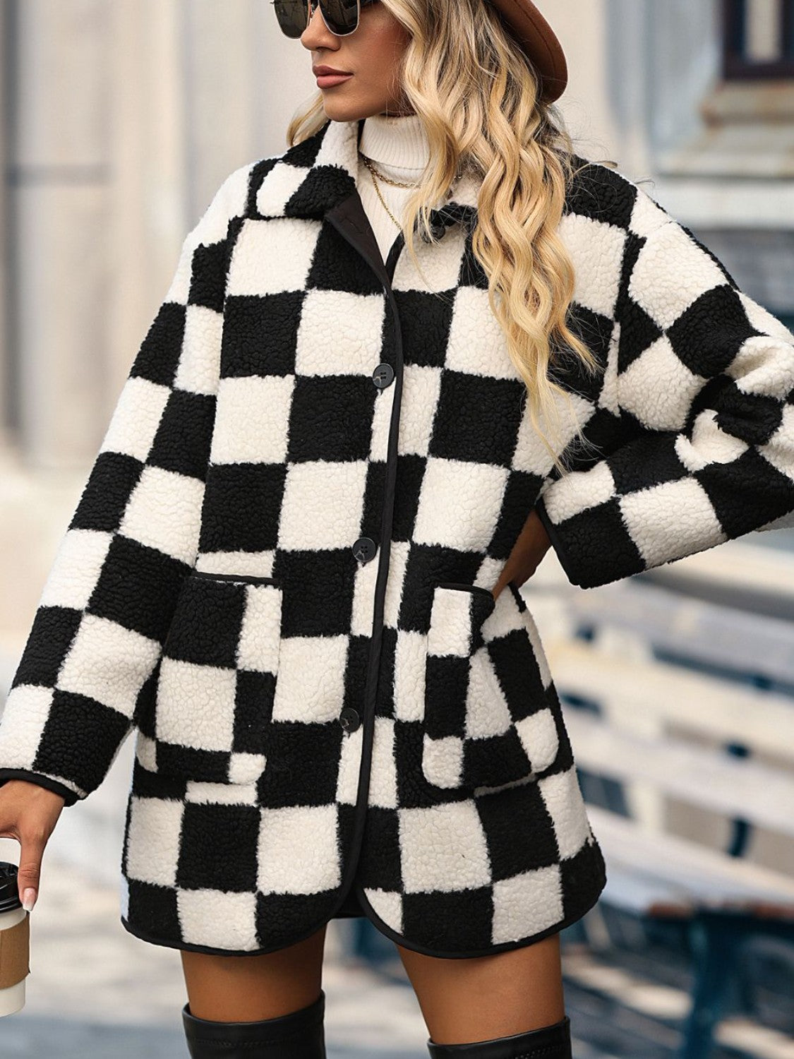 Glownestbest ® | Double Take Full Size Checkered Button Front Coat with Pockets 6d7064a9c4ab40548ca61783c3b9f9a1-Max Glownestbest