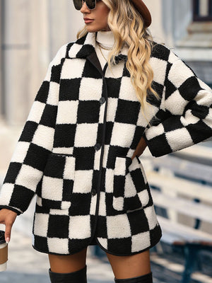 Glownestbest ® | Double Take Full Size Checkered Button Front Coat with Pockets 6d7064a9c4ab40548ca61783c3b9f9a1-Max Glownestbest