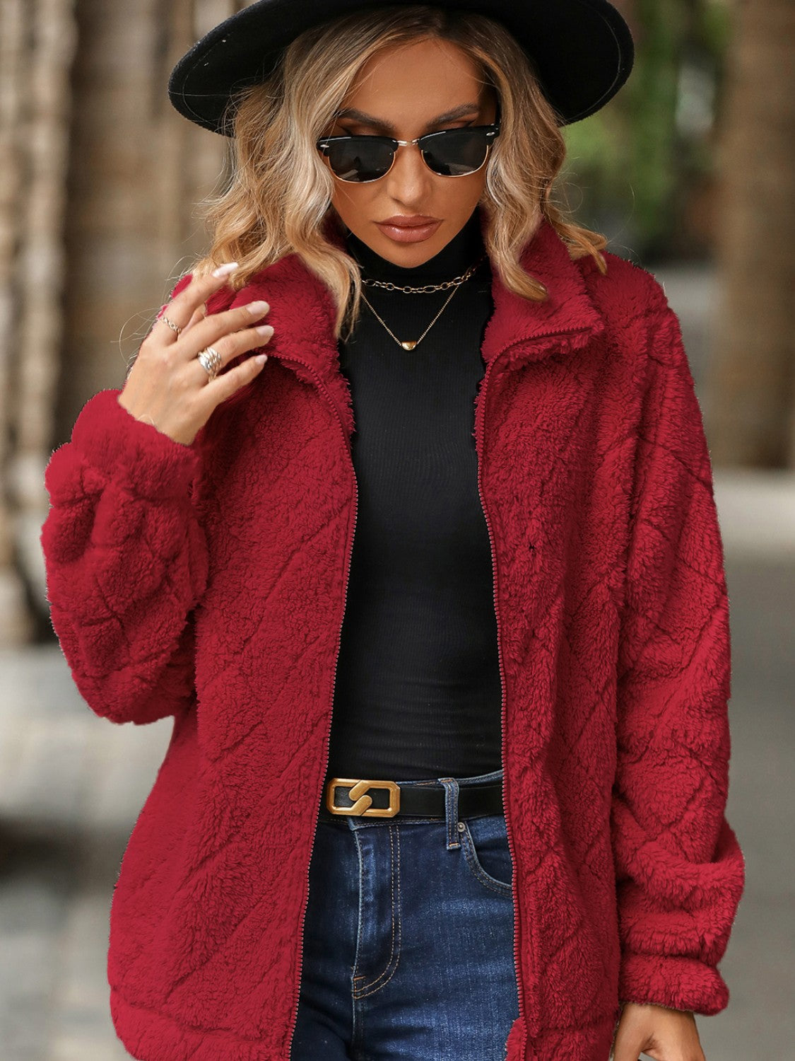 Glownestbest ® | Fuzzy Pocketed Zip Up Jacket Deep Red 6d967773-6e34-4bd9-ad2d-ca8dddba4b14-Max Glownestbest