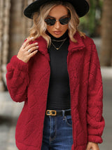 Glownestbest ® | Fuzzy Pocketed Zip Up Jacket Deep Red 6d967773-6e34-4bd9-ad2d-ca8dddba4b14-Max Glownestbest