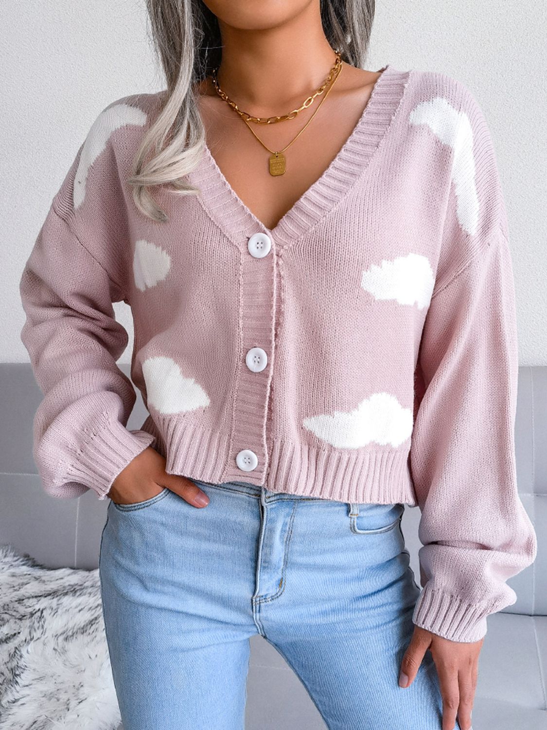 Cloud Print Button Down Ribbed Trim Cardigan Pink 6f2c2cee7bf945ad887f1a8022bfb323-Max Glownestbest