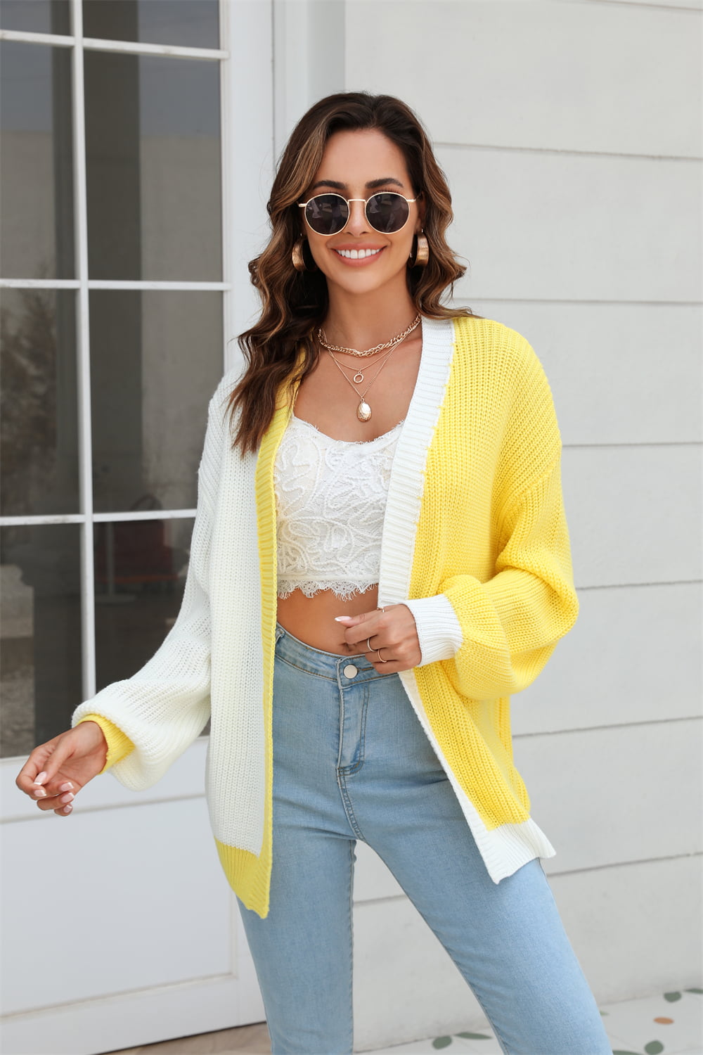 Angel Wings Open Front Contrast Color Balloon Sleeve Cardigan 6f51d2a498bc4b48b4fdbcdf5cd8d802-Max Glownestbest