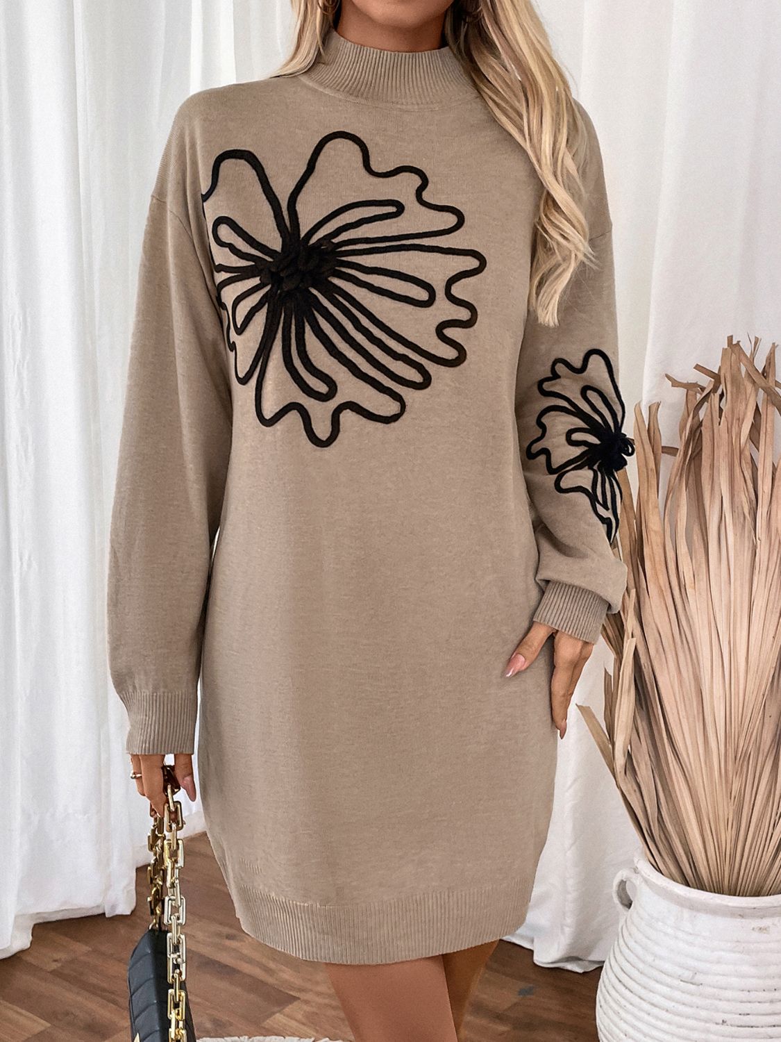Perfee Flower Mock Neck Long Sleeve Sweater Dress 6f8302f1-4628-442c-baae-efe06f9be06f-Max Glownestbest