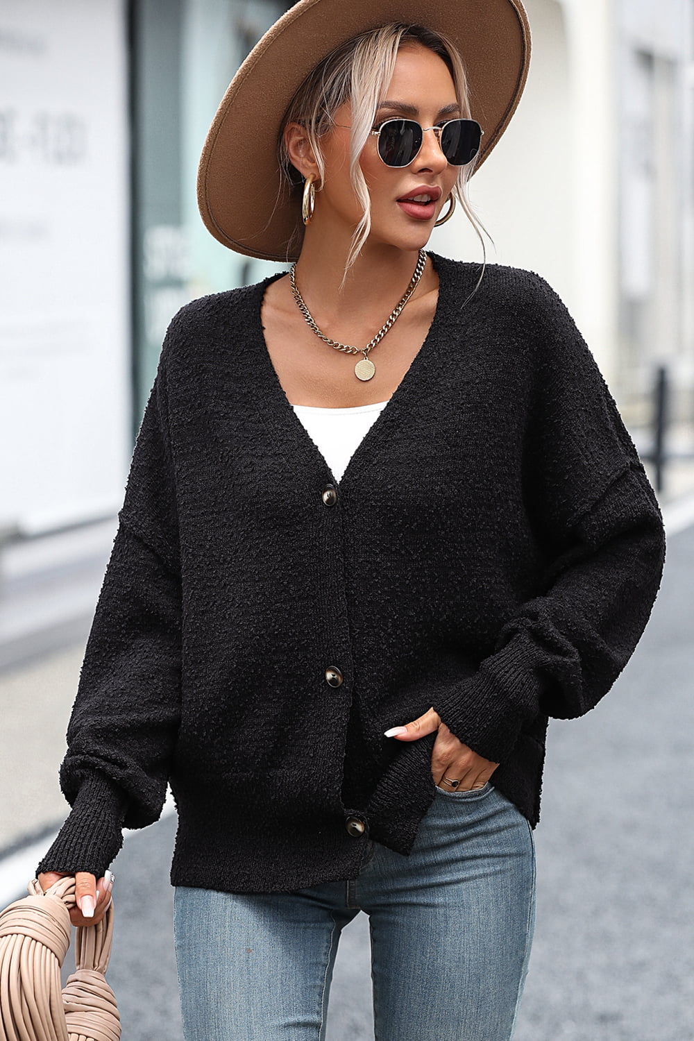 Button-Up Dropped Shoulder Cardigan Black 6f97d2338f454cb29e39f0b91679053d-Max Glownestbest