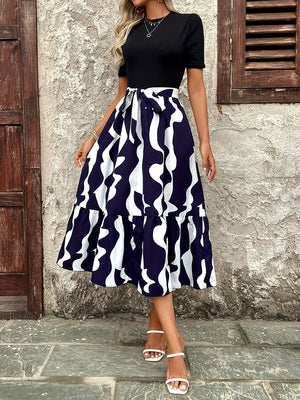 Printed Round Neck Short Sleeve Midi Dress 6fe24885-67f0-4fb0-a8be-566603cee6ef-Max Glownestbest