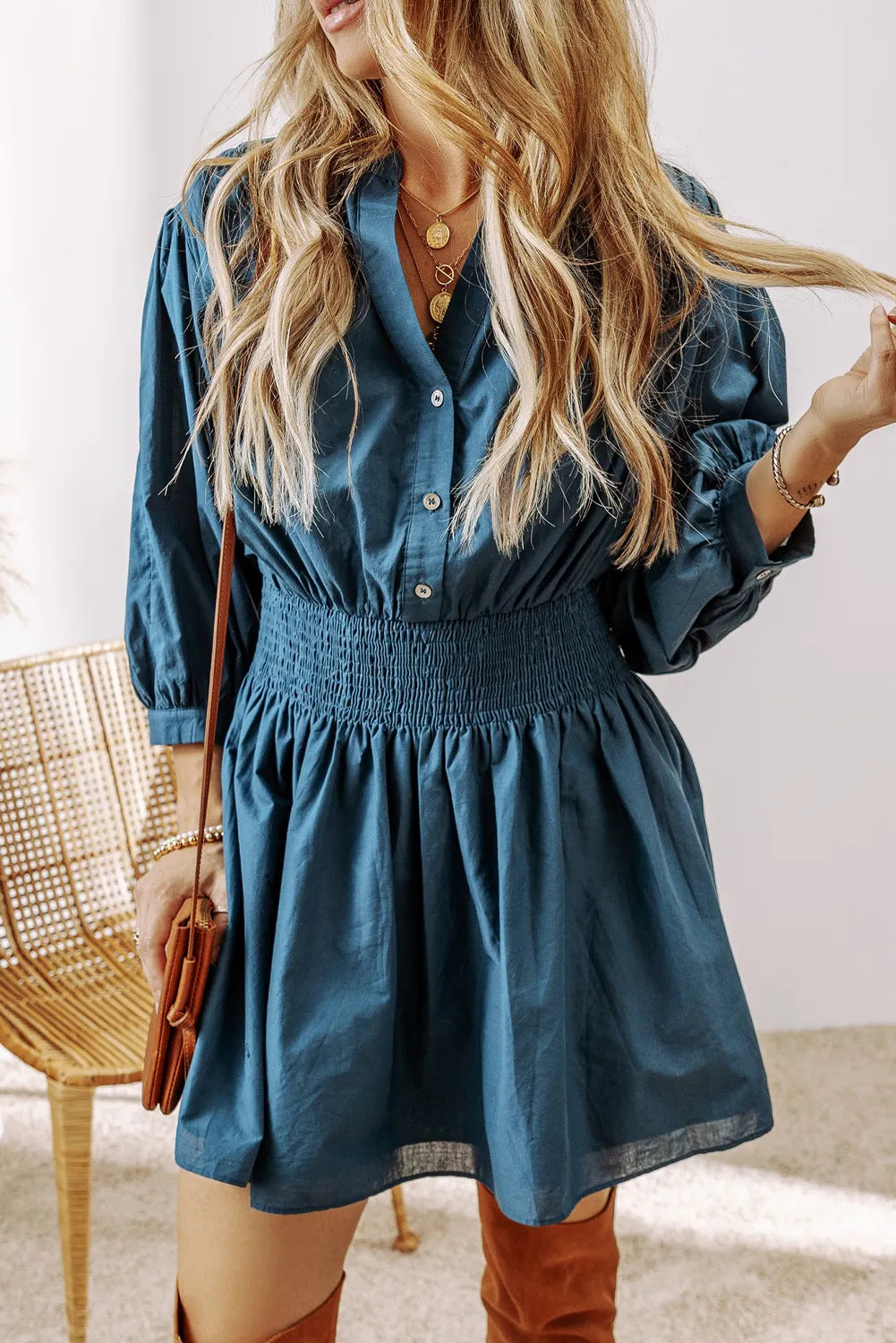 Smocked Half Button Three-Quarter Sleeve Mini Dress French Blue 6ff7e40c-eeb8-4555-8ed4-67b1f50a7ce6-Max Glownestbest