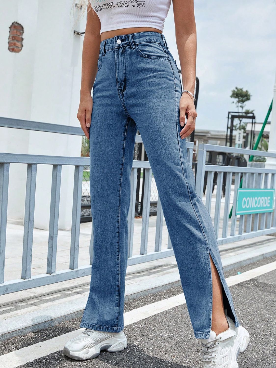 Slit High Waist Jeans with Pockets Medium 70ad81b6-05bf-4cbd-a553-2f873539fcb2-Max Trendsi
