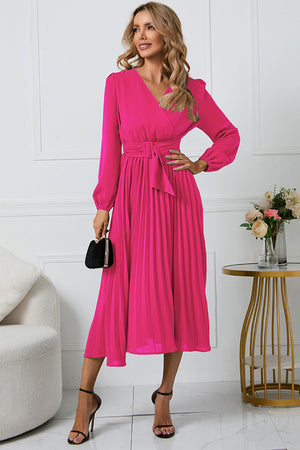 V-Neck Long Sleeve Tie Waist Midi Dress 70ce65fbf7bc484ba0a410ec1012138c-Max Glownestbest
