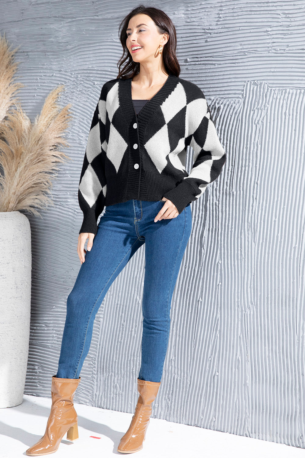 Geometric Button Up Dropped Shoulder Cardigan 70e46bbe-ea2d-472c-8df3-bb3ce366812a-Max Glownestbest
