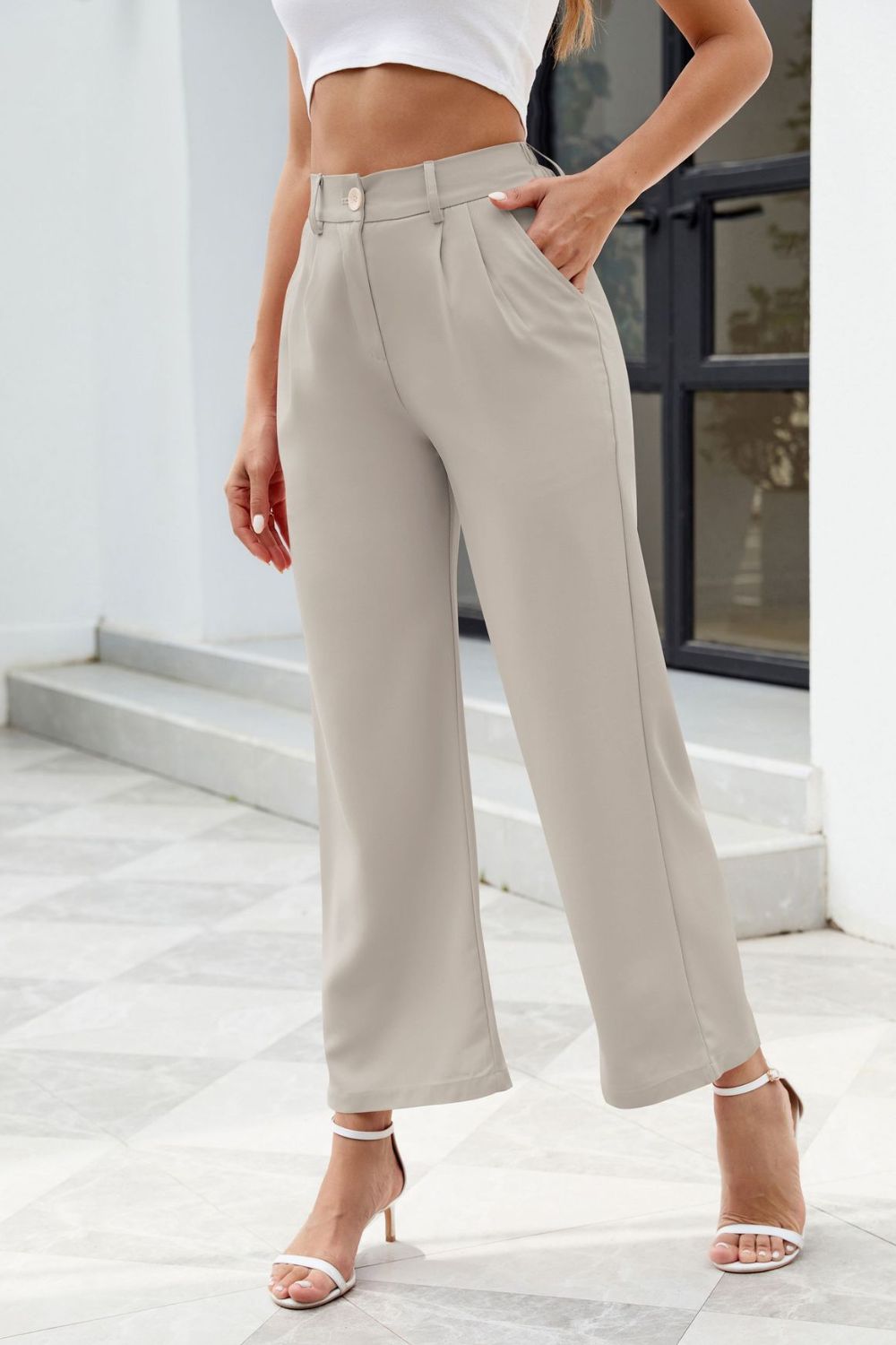 Pocketed High Waist Pants Light Gray 70e8f677-758c-4bb6-9a94-001c295b04c9-Max Trendsi