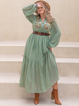 Plus Size Tassel Printed Tie Neck Long Sleeve Midi Dress Gum Leaf 710d9c33-244c-4465-a117-f139532b664a-Max Glownestbest