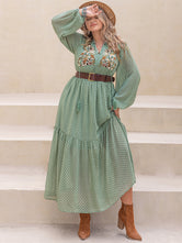 Plus Size Tassel Printed Tie Neck Long Sleeve Midi Dress Gum Leaf 710d9c33-244c-4465-a117-f139532b664a-Max Glownestbest
