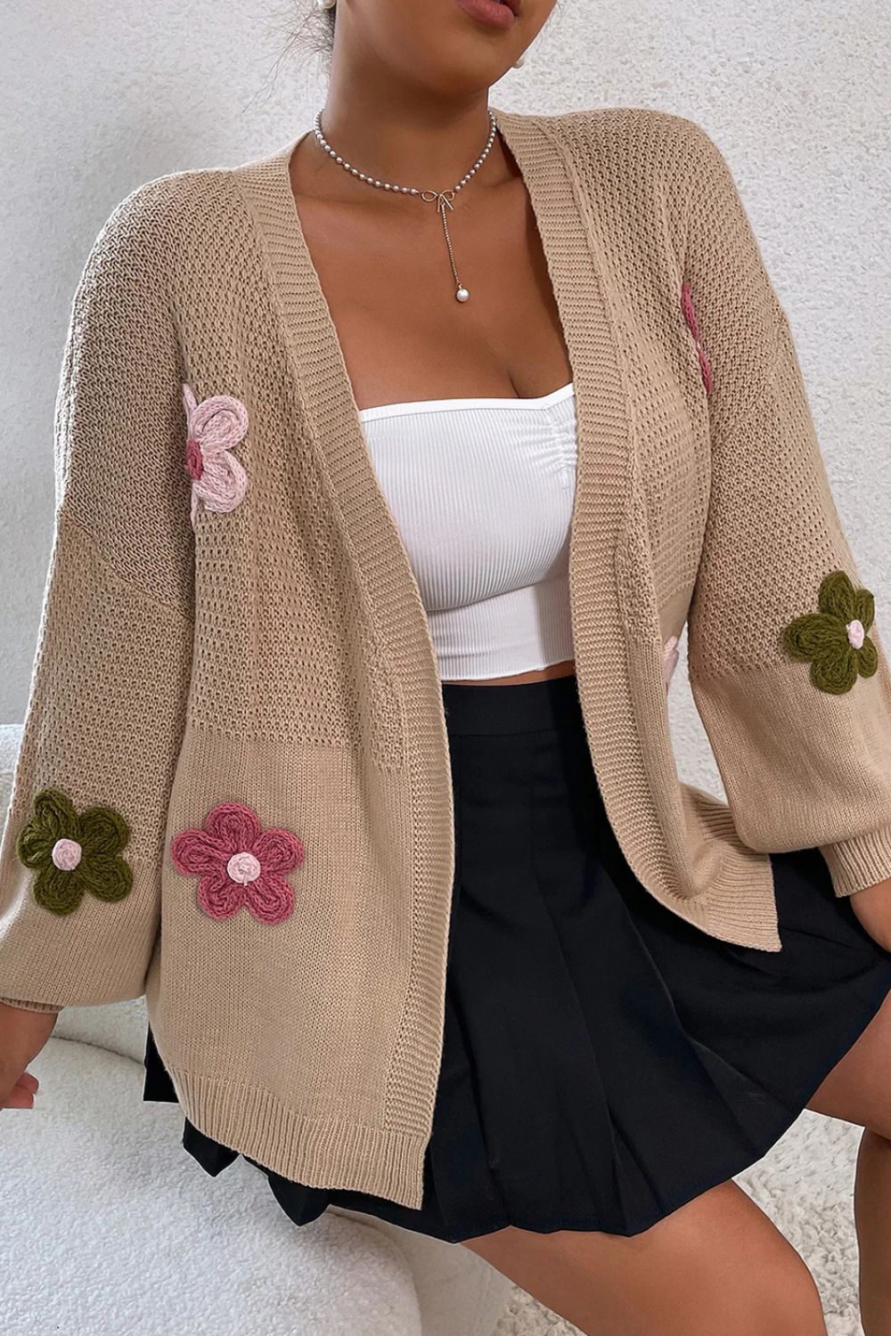 Floral Applique Drop Shoulder Open Front Cardigan Khaki 71362b25-f524-4ebe-a9d6-ccbdeff016e9-Max Glownestbest