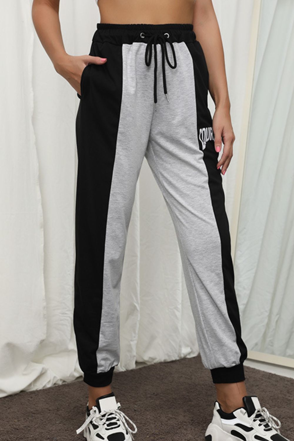 Perfee COURAGE Graphic Color Block Drawstring Joggers Gray Black 7143741d36d9442eb74d202cd8af5388-Max Trendsi