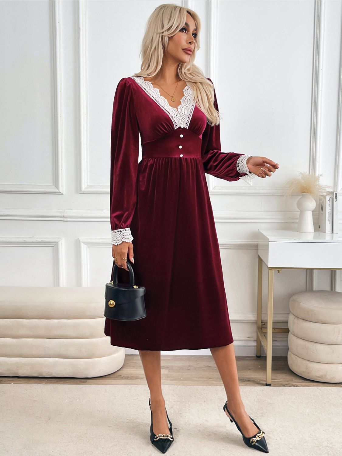 Perfee Lace Detail V-Neck Long Sleeve Midi Dress 714ccd6e-3cb9-47a0-bbcd-83a287deb34b-Max Glownestbest