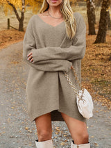 V-Neck Dropped Shoulder Sweater Dress Tan 71574096-90c7-4749-b01f-614220142ab3-Max Glownestbest