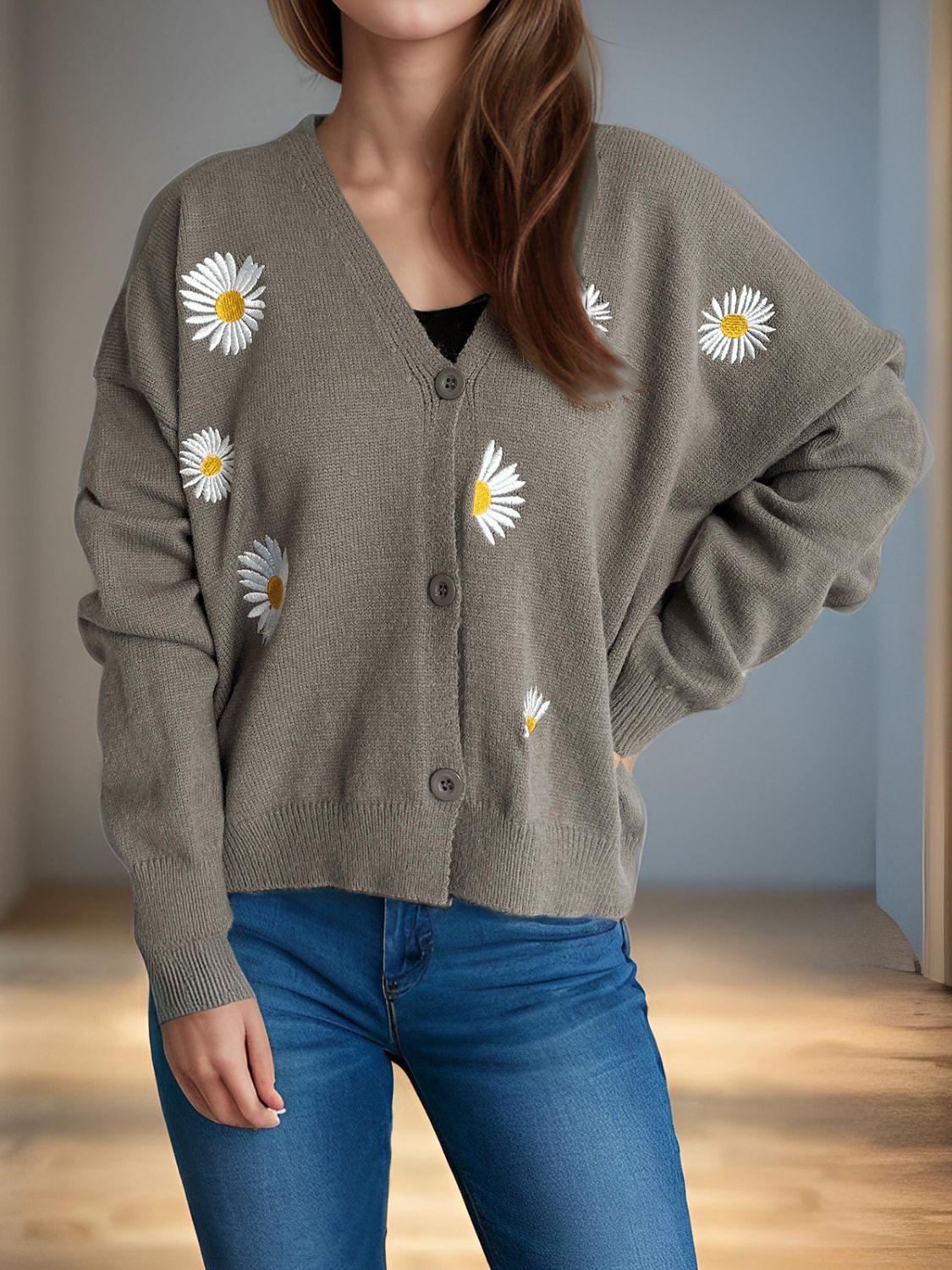 Daisy Button Up V-Neck Cardigan 71616cb7-813a-4f19-a738-9a5176210e71-Max Glownestbest