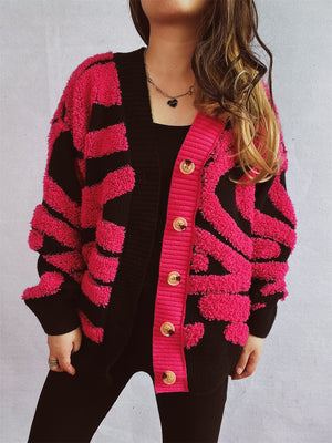 Contrast Button Up Long Sleeve Cardigan Strawberry One Size 7166afdb-cc98-4137-a3ff-a55b3395abba-Max Glownestbest