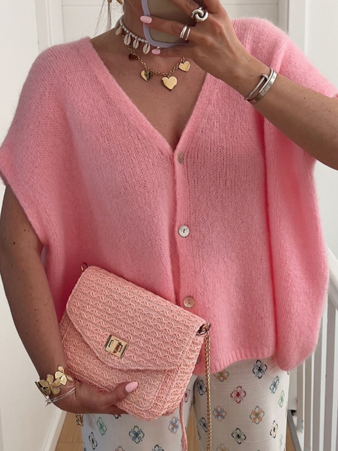 Glownestbest® | V-Neck Button Up Short Sleeve Cardigan Burnt Coral 71f84f8b-62f7-4411-8d5b-107e99fab063-Max Glownestbest
