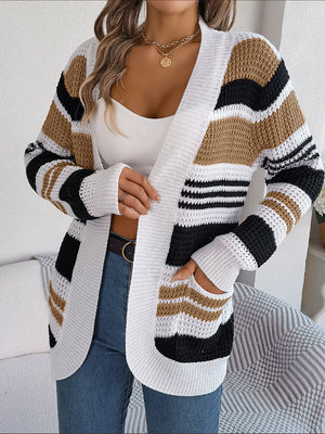 Striped Open Front Long Sleeve Cardigan 72631e6e747e4f1bbebc314537aba3da-Max Glownestbest