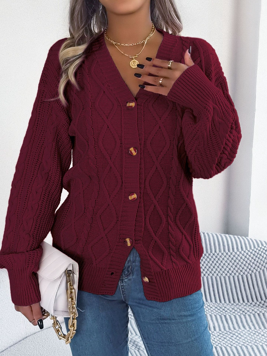 Cable-Knit Long Sleeve Cardigan Burgundy 72eaef84-7ee9-49a2-bcaa-85fce98bd6ab-Max Glownestbest