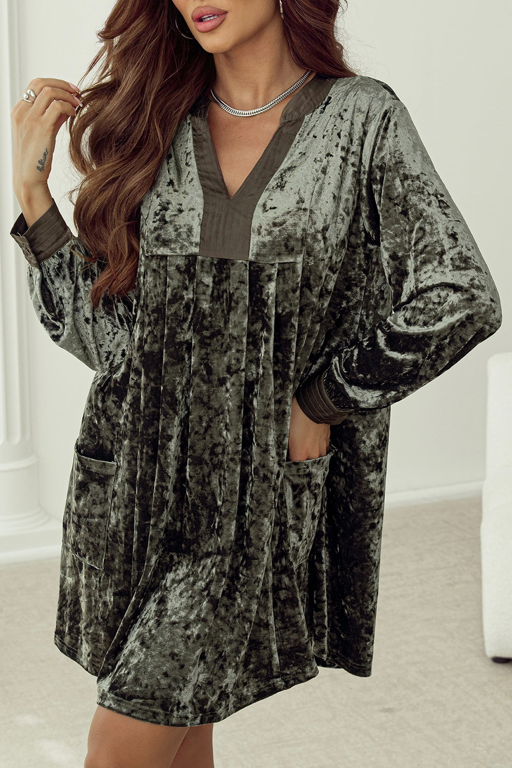 Notched Long Sleeve Mini Dress with Pockets Dark Green 72faaf95-0090-495a-8554-e2edac3e1688-Max Glownestbest