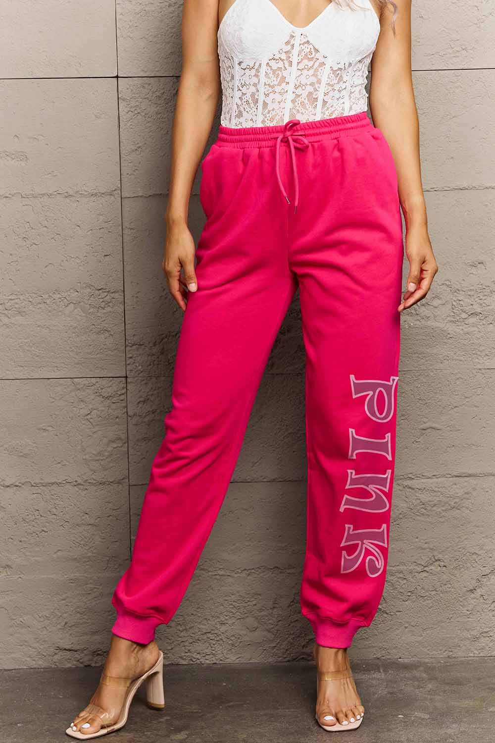 Simply Love Full Size PINK Graphic Sweatpants 7346413c007a4fe688fce07cb9a72e90-Max Trendsi