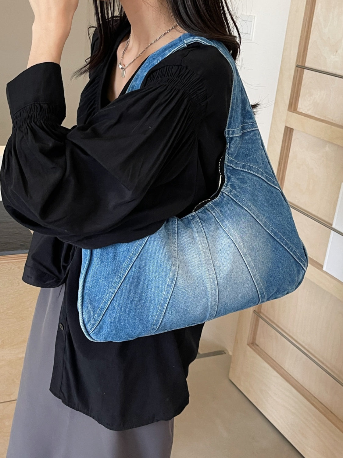 Crescent Shaped Denim Shoulder Bag 73560974-5c3e-411b-8a92-a6c06e02330d-Max Trendsi