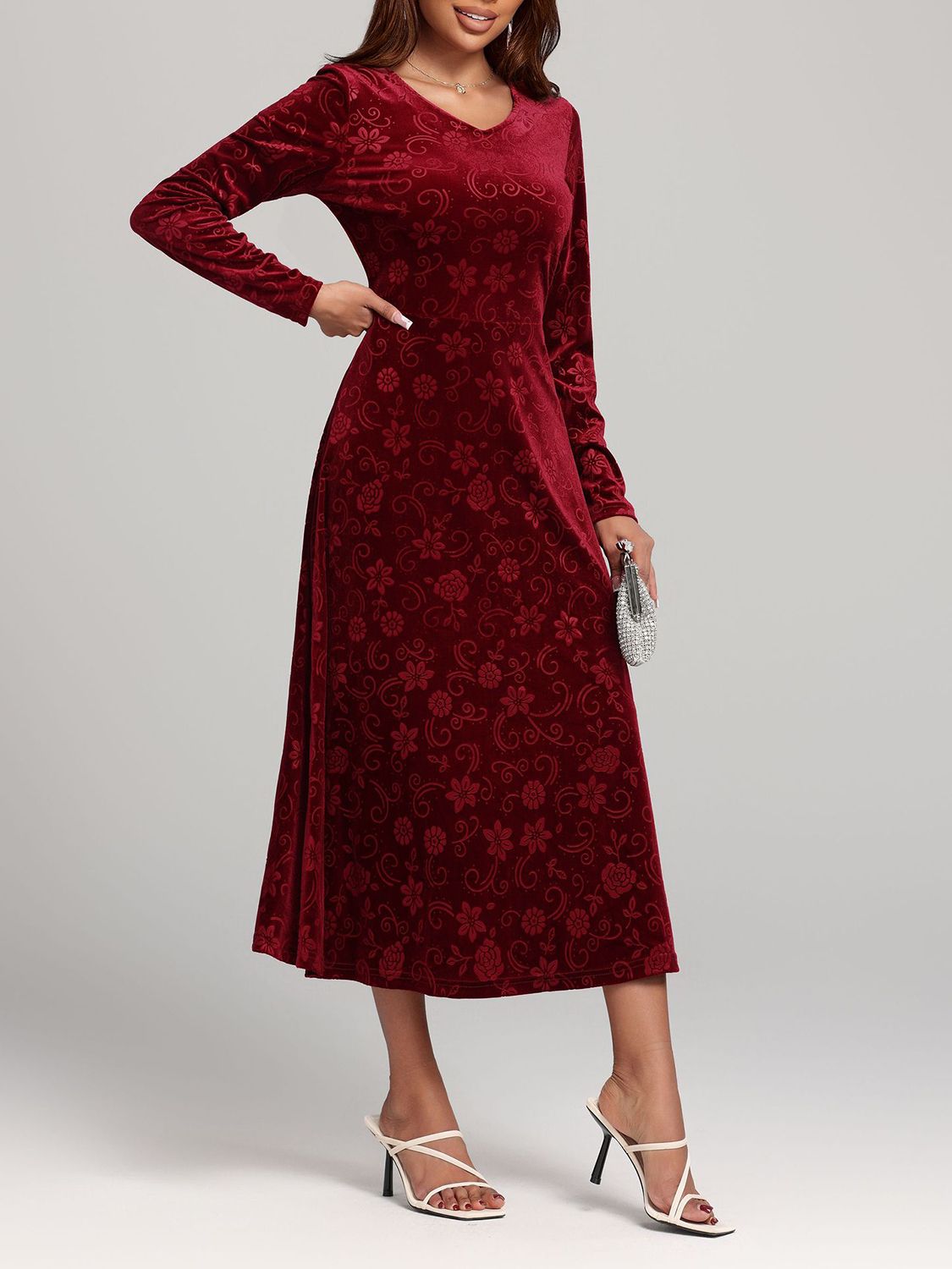 Flower Print V-Neck Long Sleeve Midi Dress 73c46674-56a9-40ac-a849-7eac18adb13f-Max Trendsi