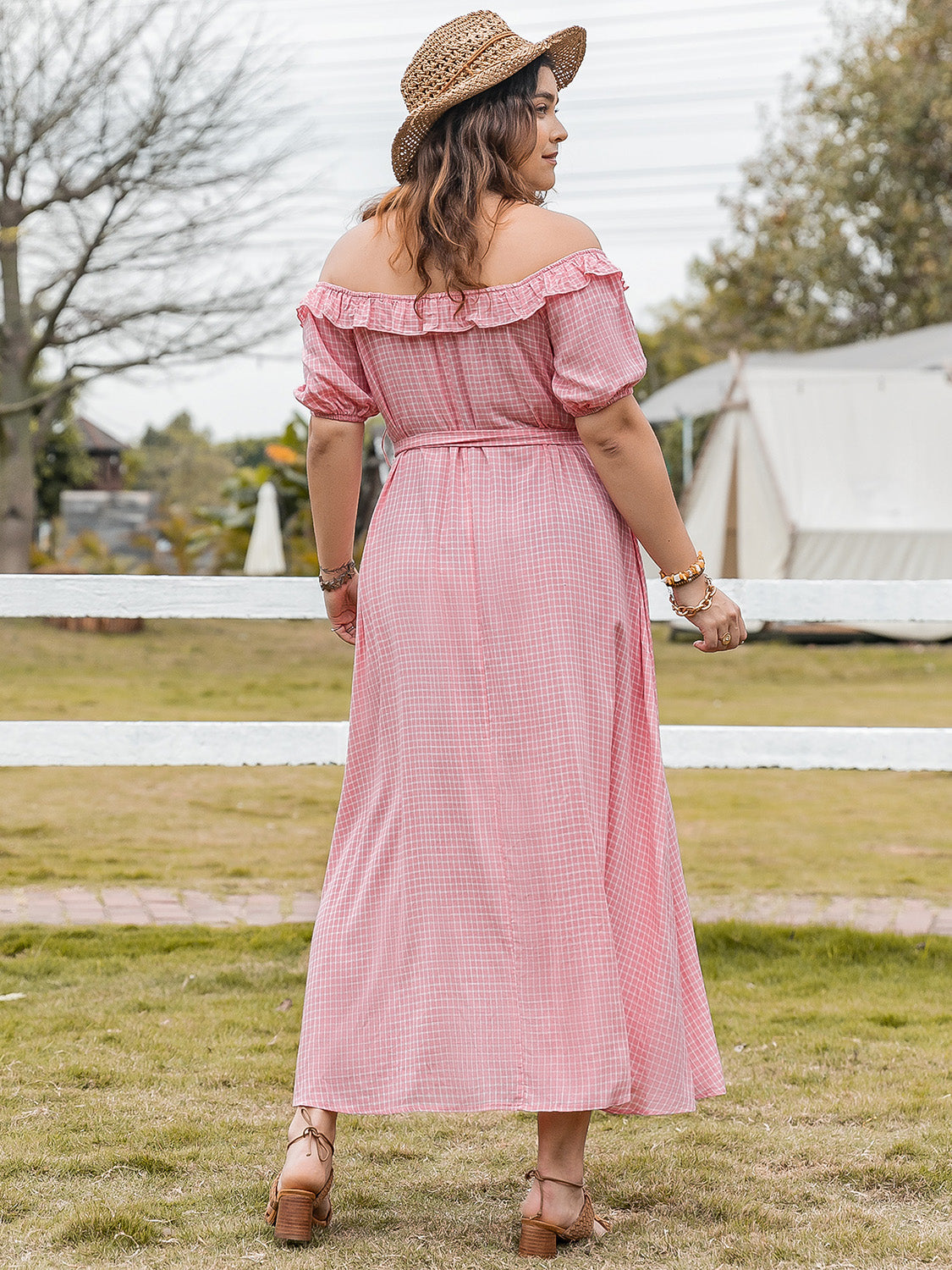 Plus Size Plaid Off-Shoulder Short Sleeve Midi Dress 73ea3048-9e49-4e70-942d-66de5feabed3-Max Trendsi