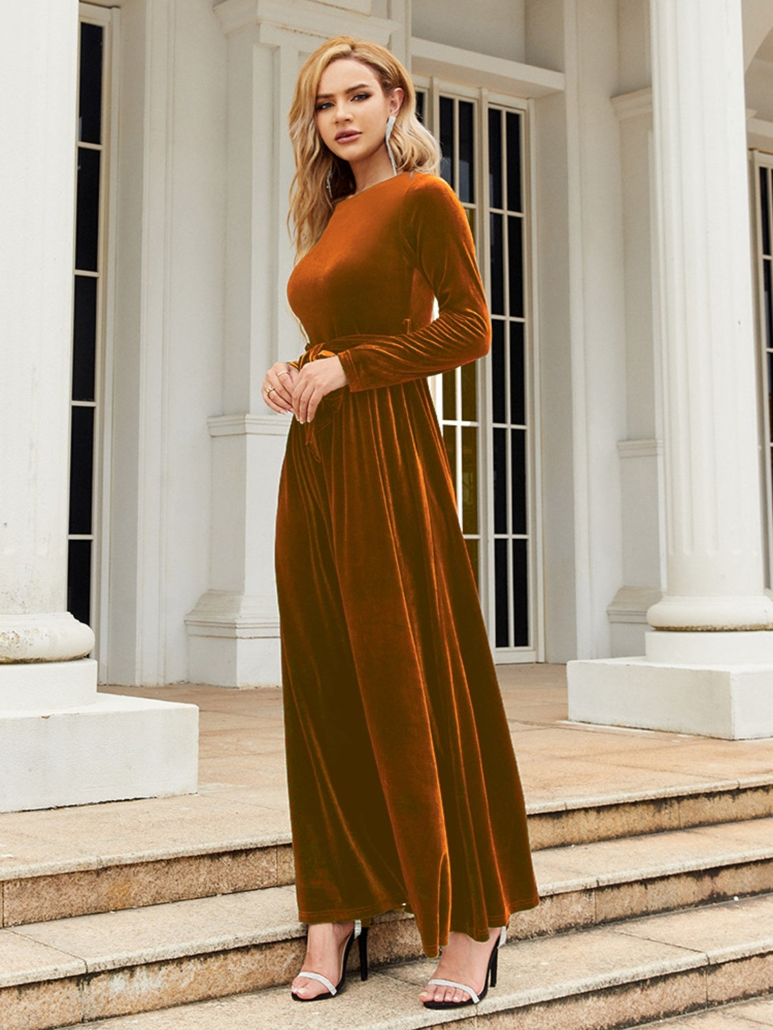 Tie Front Round Neck Long Sleeve Maxi Dress 7416814666c04718831b68b0bf87b17b-Max Glownestbest