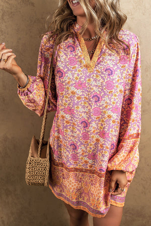 Floral V-Neck Long Sleeve Mini Dress 7476e0cefde04ecd91a119bd8337b480-Max Glownestbest