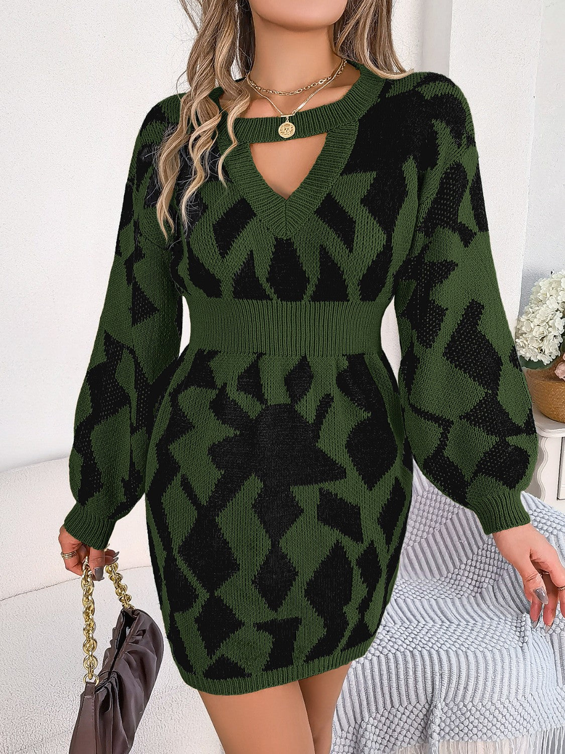 Contrast Round Neck Cutout Long Sleeve Mini Sweater Dress 74a327054d02452eaf34ef32267bb060-Max Glownestbest
