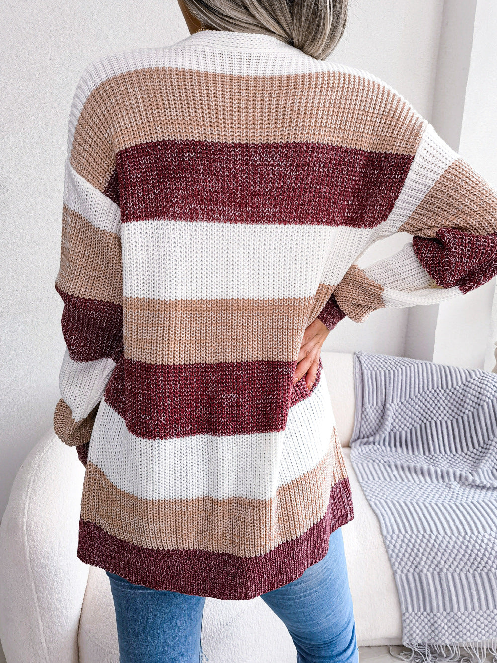 Glownestbest® | Striped Rib-Knit Open Front Longline Cardigan 74cc8b9228604aa9b643e70bc987198b-Max Glownestbest