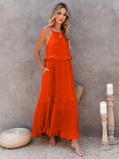 Ruffled Sleeveless Tiered Maxi Dress with Pockets 74e37812-8d76-4ede-ad9c-bfd7cd850dd3-Min Glownestbest