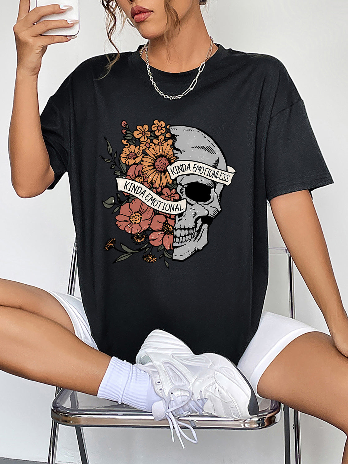Glownestbest ® | Round Neck Short Sleeve Skull & Floral Graphic T-Shirt 753b0b7edf6542378d49f360bcd20a96-Max Glownestbest
