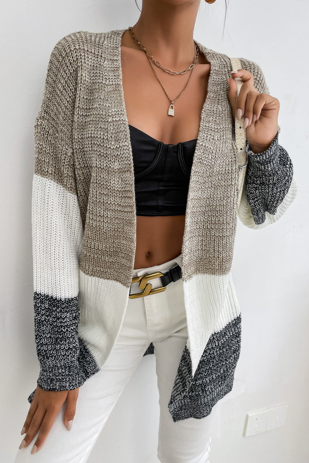 Perfee Tricolor Color Block Open Front Cardigan Khaki 75595def06c64a1aa6717e6eeed87aa2-Max Glownestbest