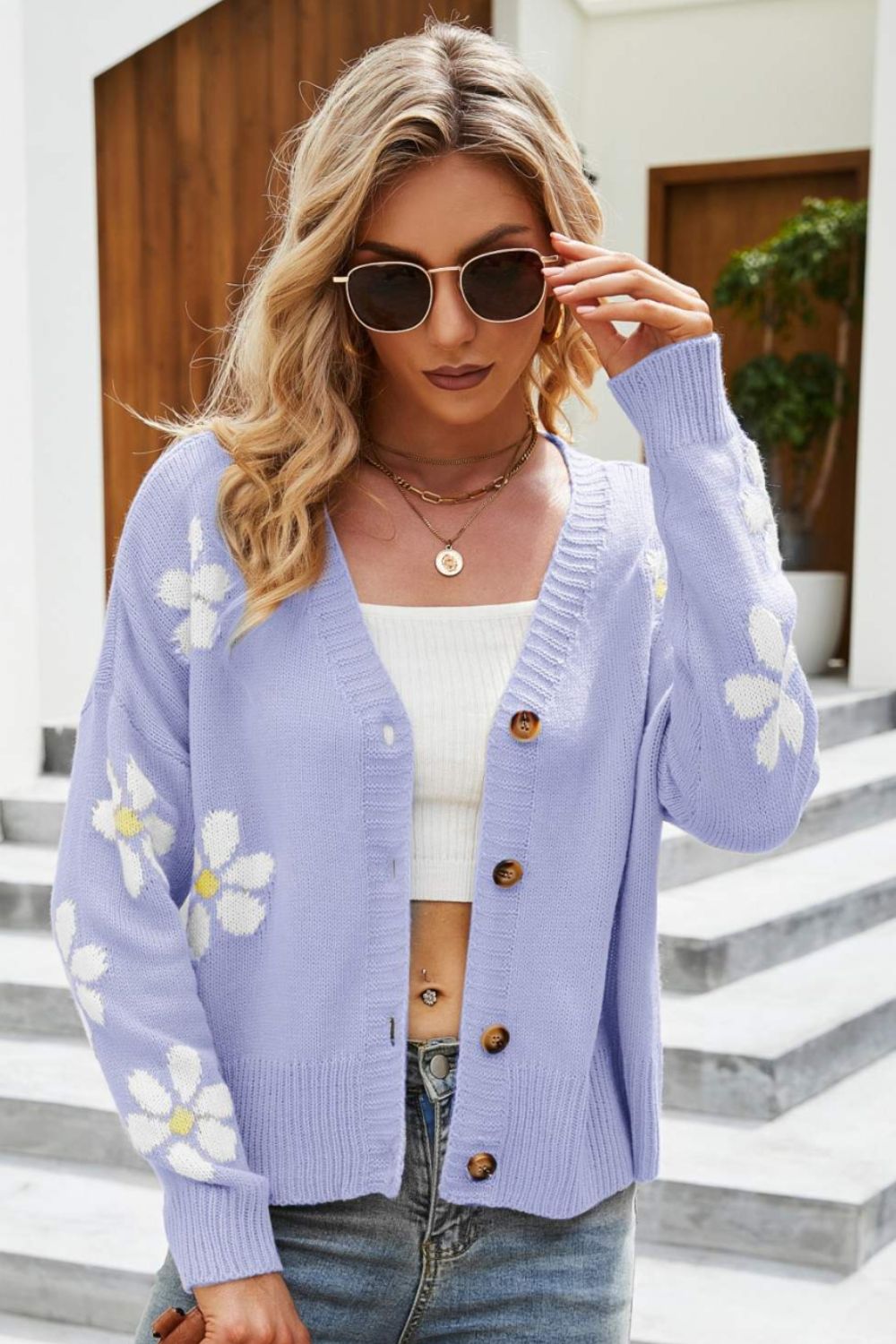 Floral Ribbed Trim Drop Shoulder Cardigan Lilac 759c661aa2854278859516a79c857552-Max Glownestbest