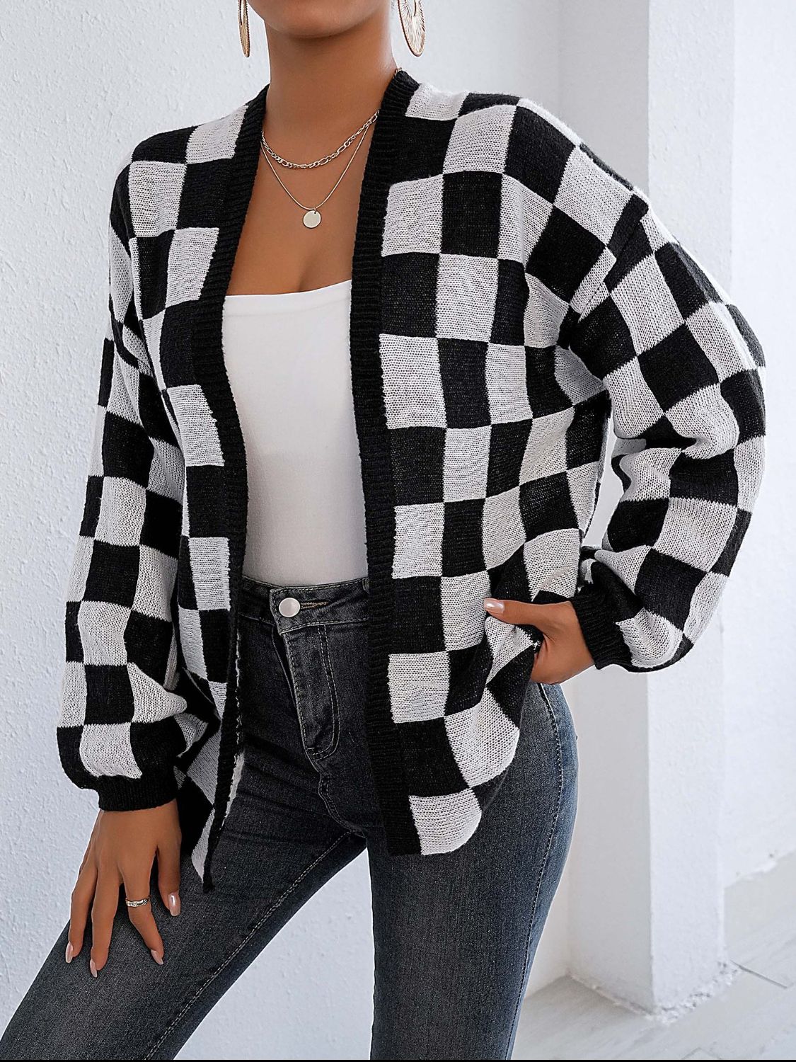 Checkered Open Front Long Sleeve Cardigan Black White 765f8b54-61af-4581-994b-36ae0561bbcd-Max Glownestbest
