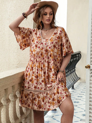 Plus Size Floral Crochet Flutter Sleeve Dress Sand 769a925baeb4457bbbe7abcda913f67e-Max Trendsi