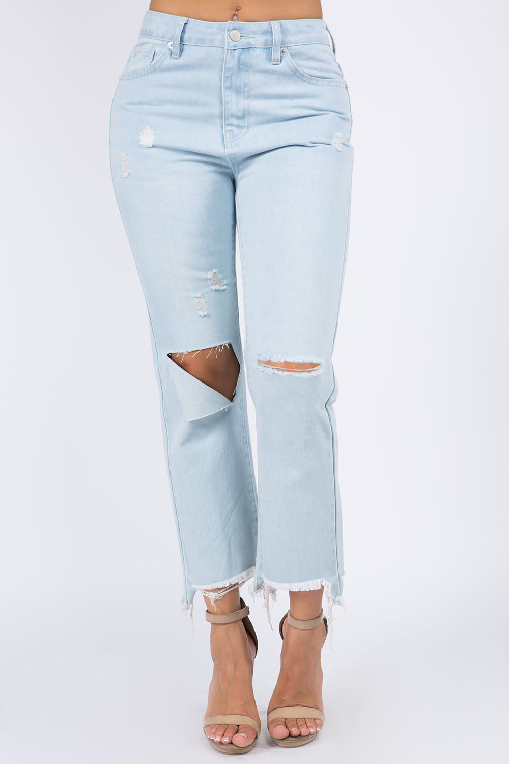 American Bazi High Waist Distressed Raw Hem Jeans Lt.Blue 76a95f2f-214a-402e-b911-6c85b95a9c2a-Max Trendsi