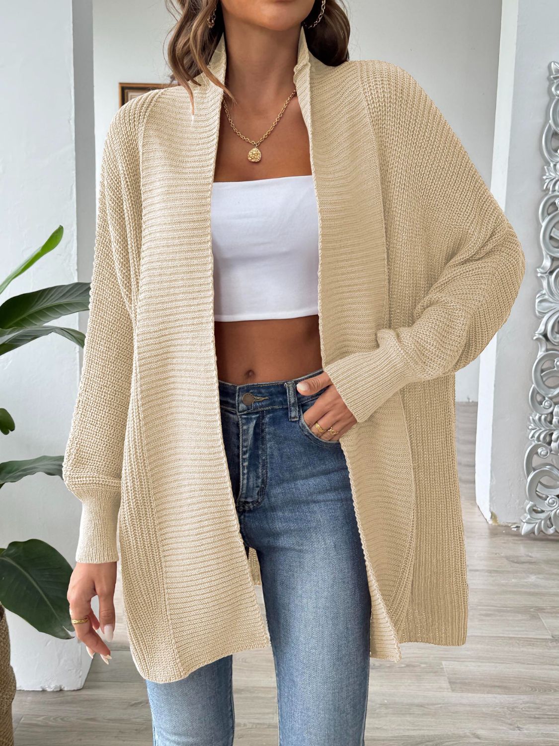 Open Front Long Sleeve Cardigan Tan One Size 76d3f603-98cd-44a8-ab7f-3f4c4faae6a8-Max Glownestbest