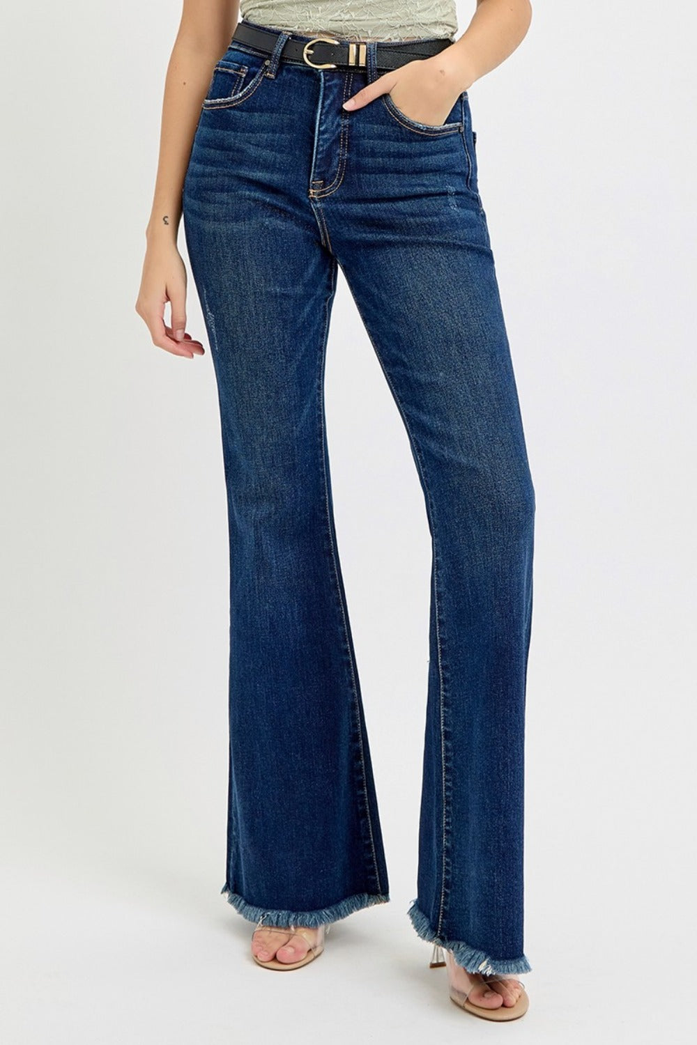 RISEN Tummy Control Frayed Hem Flare Jeans Dark 772f18af-37f6-4df0-a48e-dec9269bf7b4-Max Trendsi