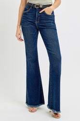 RISEN Tummy Control Frayed Hem Flare Jeans Dark 772f18af-37f6-4df0-a48e-dec9269bf7b4-Max Trendsi