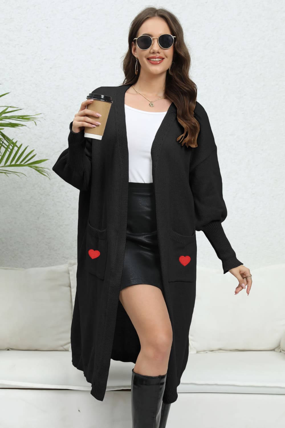 Lantern Sleeve Open Front Pocketed Cardigan Black One Size 7734d33e18654937b6ca5d3e7b86ff38-Max Glownestbest